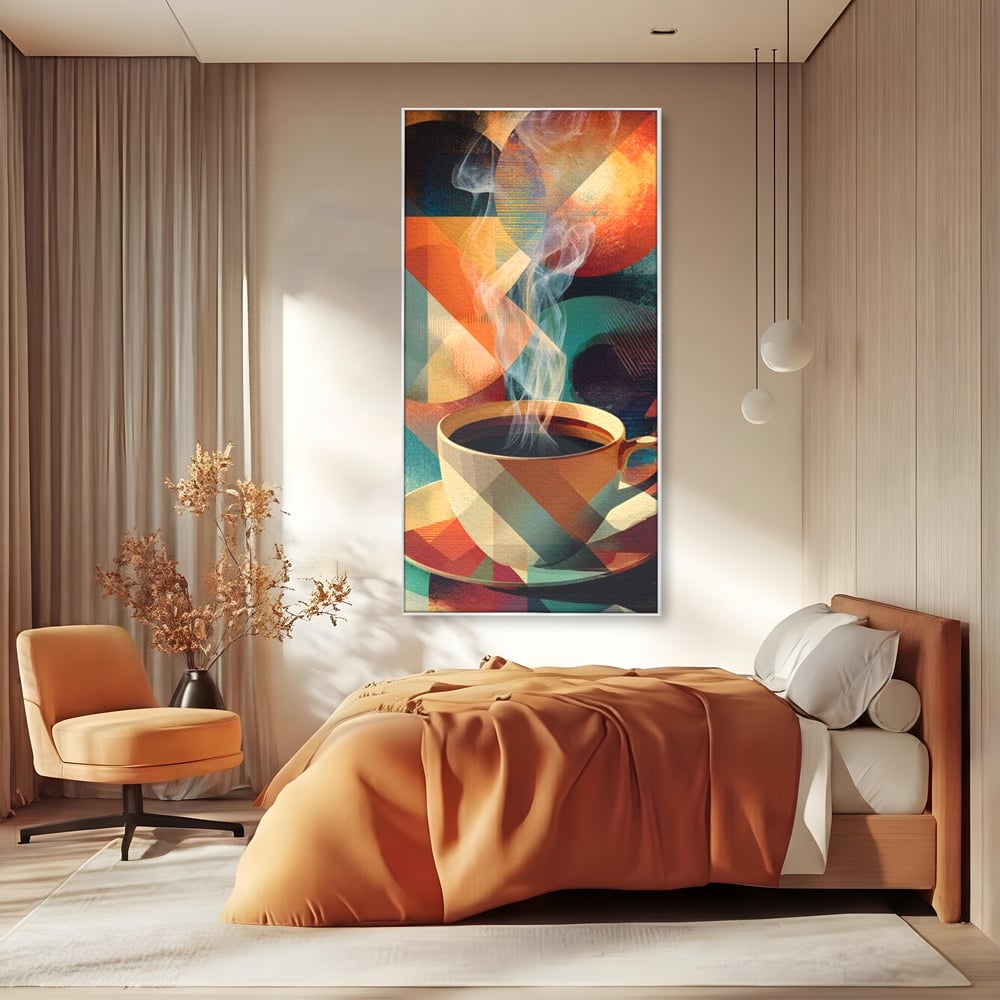Tablou canvas cu ilustratie abstracta cu ceasca de cafea, in rama de aluminiu argintiu, pe perete intr-un dormitor